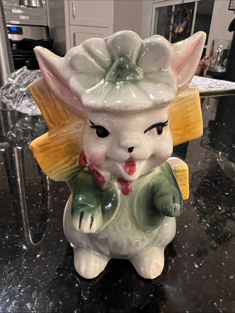 Vintage Ceramic Bunny Planter in Green, Yellow, Pink